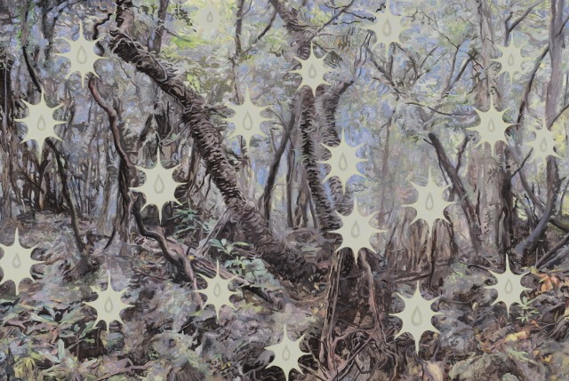 전시전경 · Exhibition view · 정아롱 숲길과 마녀상징기호 정화, 2024, 리넨에 유채, 130×193.5cm. ⓒ정아롱. 이미지 보안1942