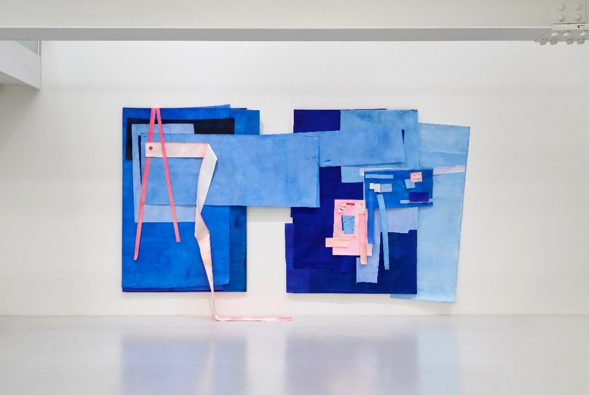 전시전경 · Exhibition view · 안은샘 Eunsaem Ahn  Sum of Blue and Pink, 2025  collage on canvas and wood, 194 × 356 cm