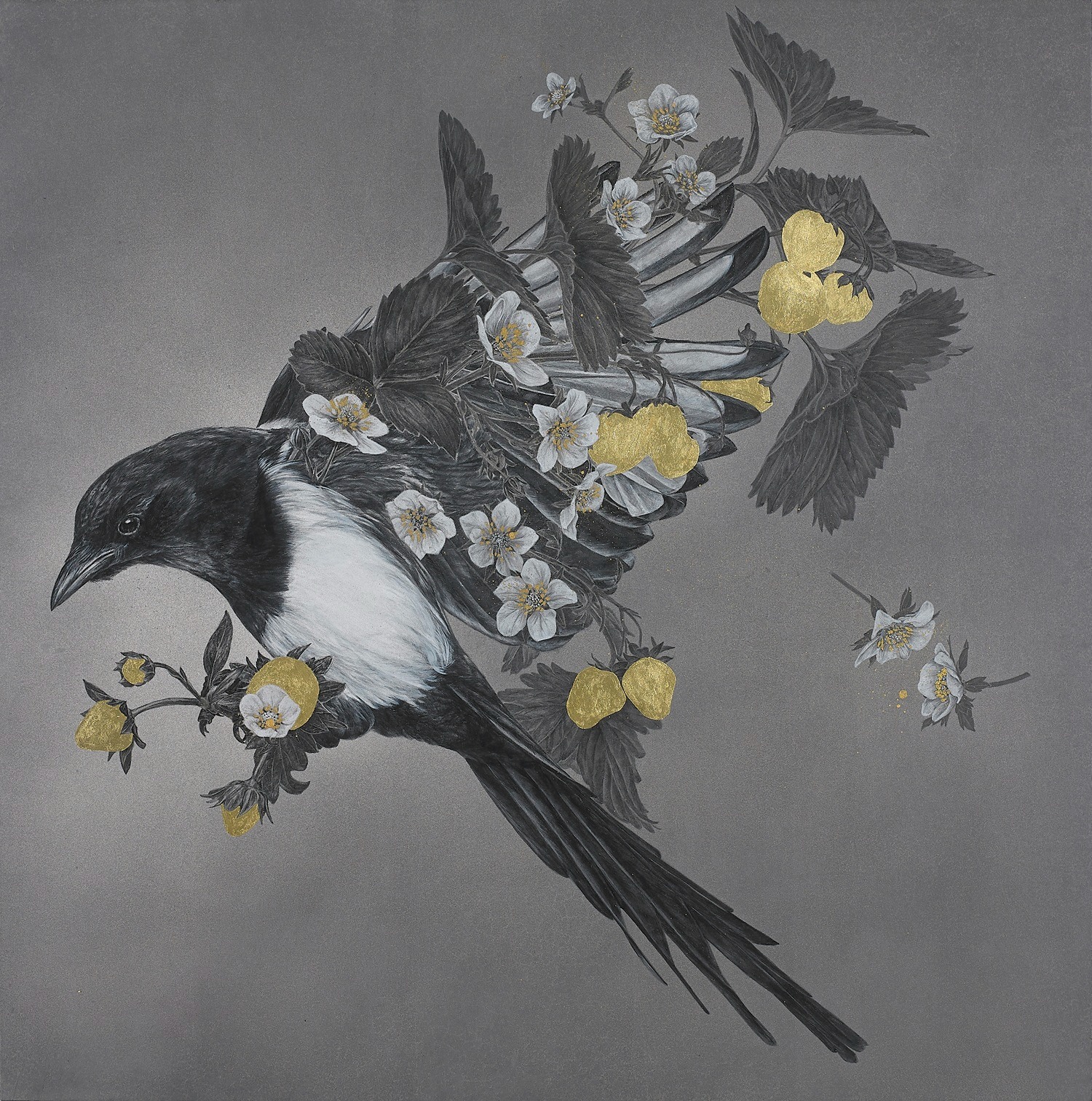 허은오, the secret workings of nature, 2023, Black ink, 24k gold leaf on Korean paper, 80.3 × 80.3 cm · 출처 및 제공: 금산갤러리