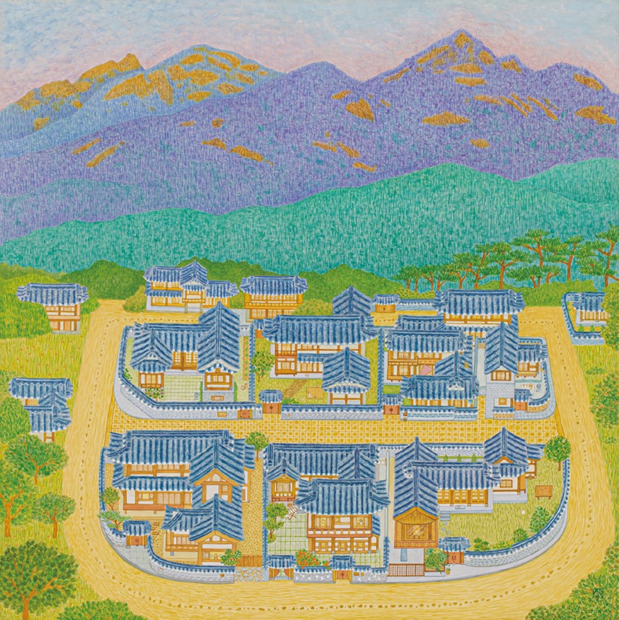 산을 품고 삶을 짓고 · 한지에 분채 · 62x62cm · 2025 · 김도영
