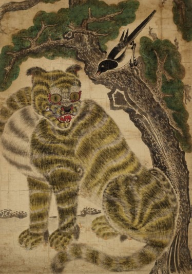 호작도(虎鵲圖) · 종이ㆍ채색 · 116.5×83.0cm , 개인 소장 · 조선, 19세기 후반 · 작자 미상