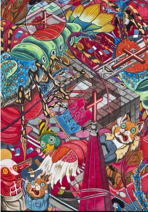 Bluish Red · Hand painted pigment on silk · 165 × 215 cm | 64 15/16 × 84 5/8 inches · 2025
