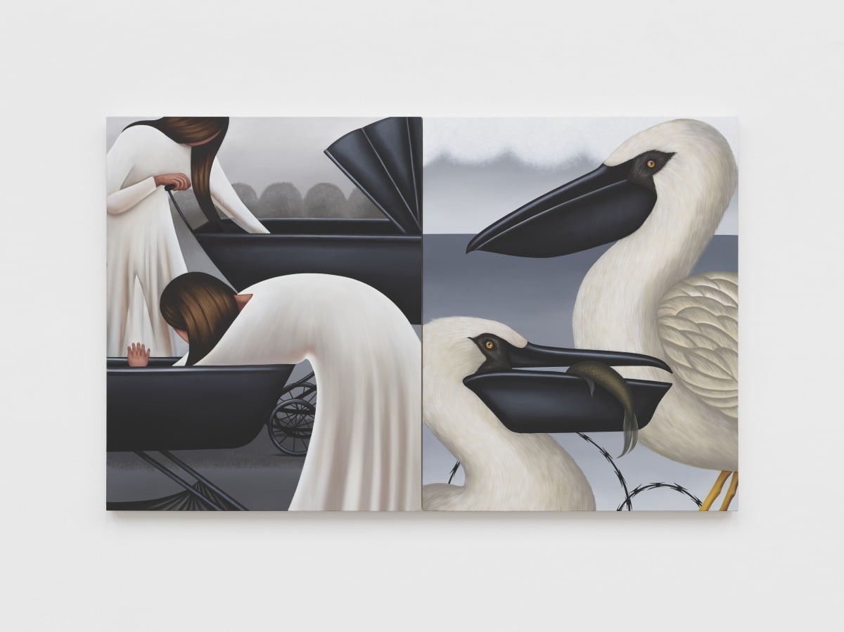 전시전경 · Exhibition view · Julie Curtiss, Cradles, 2025, Acrylic and oil on canvas, Diptych, each: 101.6 x 81.3 cm | 40 x 32 in. © the artist. Photo © White Cube (Frankie Tyska).
