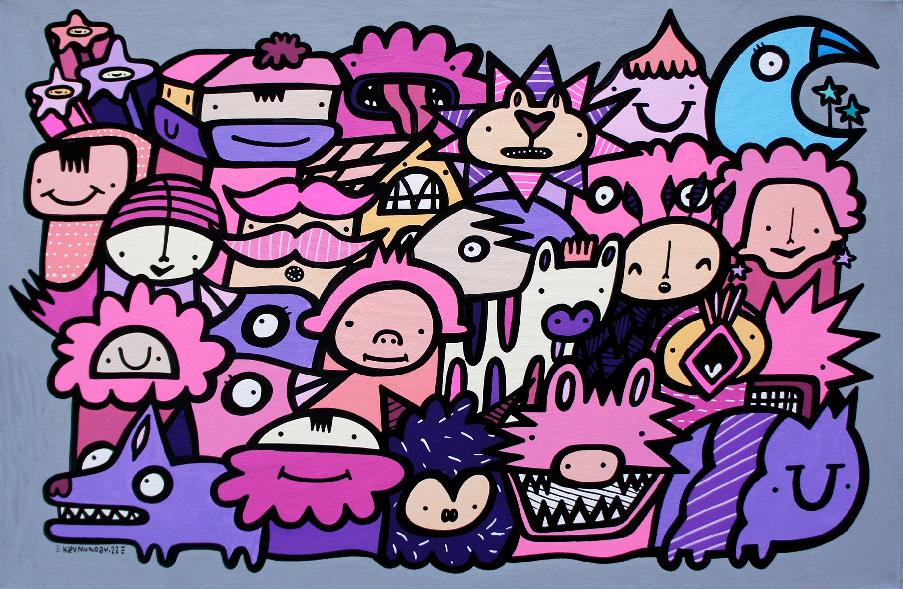Night Life · Acrylic, paint pen and ink on canvas · 60 x 90 CM · 2022 · Kev Munday · 비비안초이 갤러리