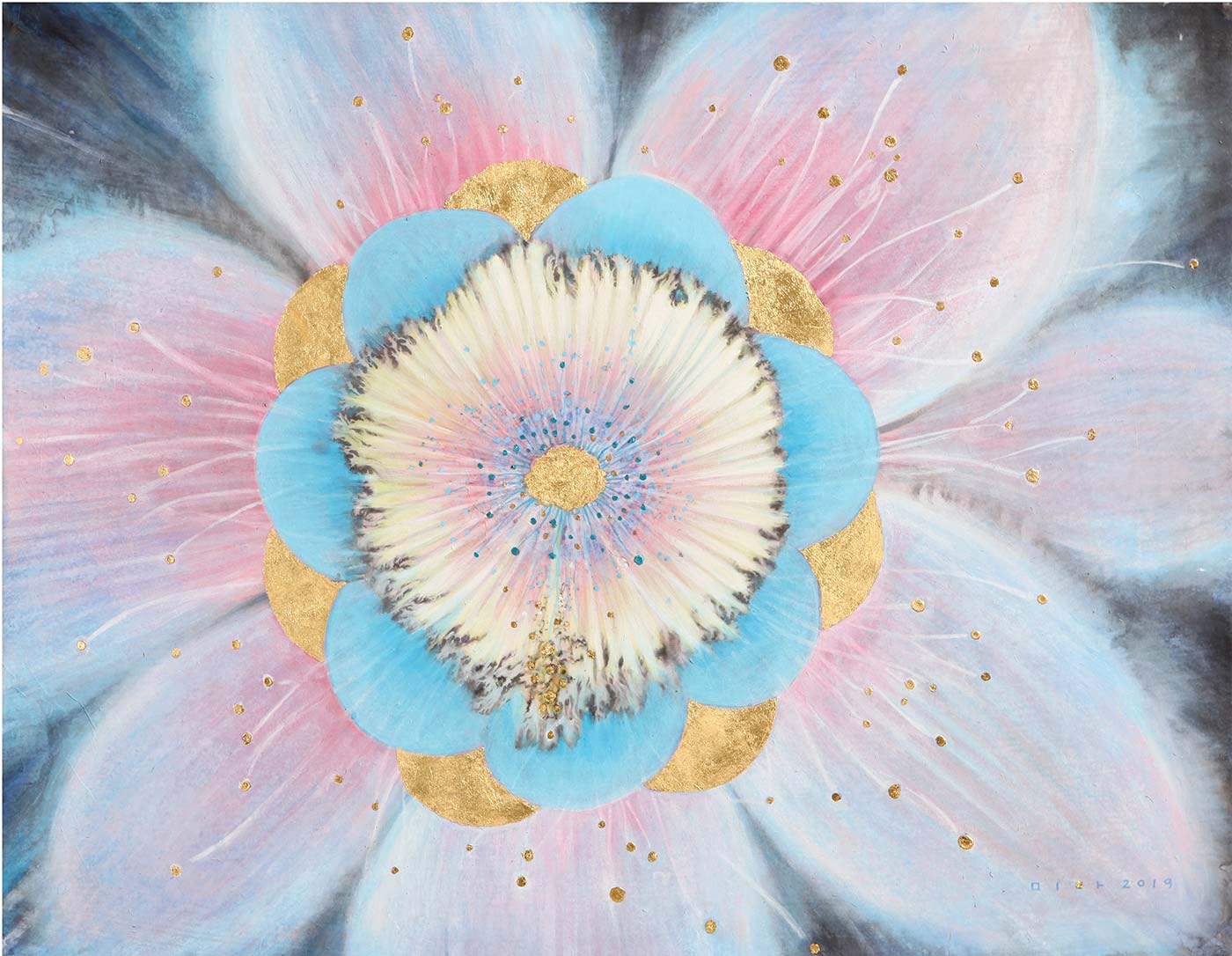 열리다 · 한지 위에 수묵채색. 금박. 은박 · 68×53cm · 2019