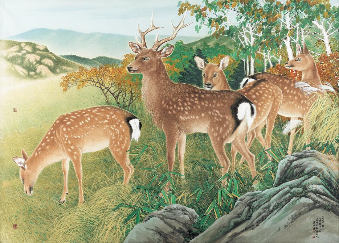 군록 群鹿 · 종이에 수묵채색, · 170.7×239cm · 1978 · Herd of Deer · 월전 장우성 · Chang Woo sung · (이미지출처 = 이천시립월전미술관) · (Source = Woljeon Museum of Art Icheon)