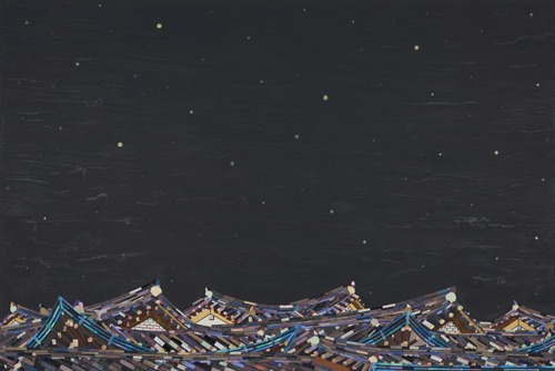 별이 뜨는 밤 · 캔버스에 아크릴. 바느질꼴라주. 비즈 · 130x194cm · 2017