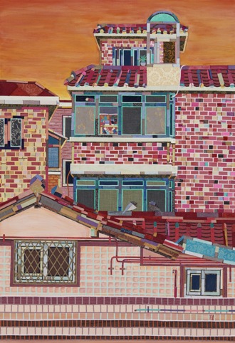 노을 지는 풍경 · 캔버스에 아크릴/ 바느질 꼴라주 · 72.7x 50cm · 2017