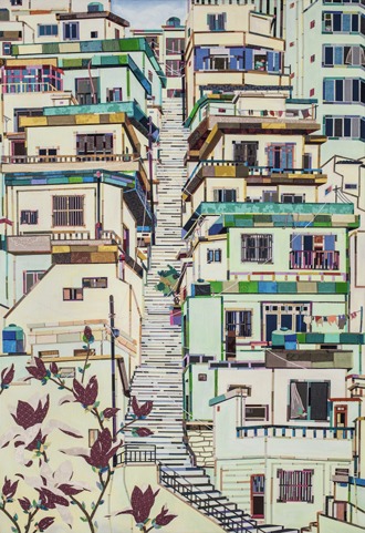 계단길 · 캔버스에 아크릴/바느질 꼴라주 · 116x80cm · 2017