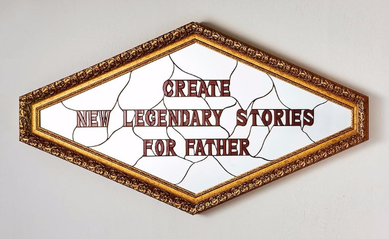 Creat new legendary stories for father · mirror stained glass and mixed media · 179 x 84 cm · 2017