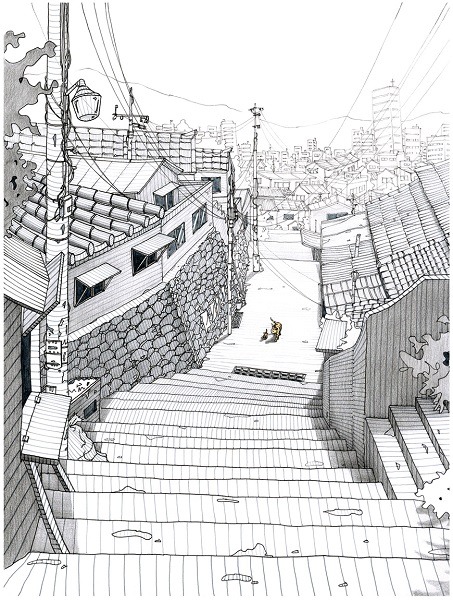 골목길과 고양이의 이야기(서울 이화동) · 종이에 피그먼트 펜과 색연필 · 23.5 x 30.5cm · 2016