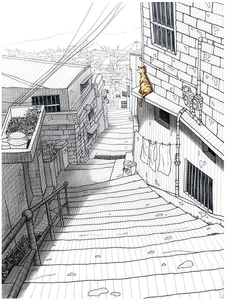 골목길과 고양이의 이야기(서울 북아현동) · 종이에 피그먼트 펜과 색연필 · 23.5 x 30.5cm · 2015