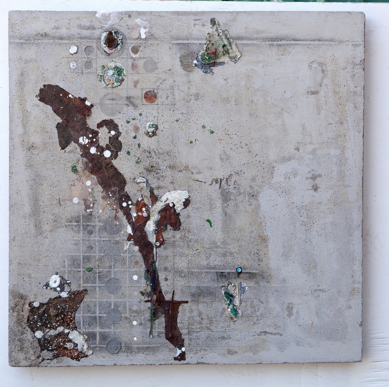 Untitled-1870-cm · copper iron net graphite pigment glue acrylic colors on cement panel · 70 x 70 cm · 2018