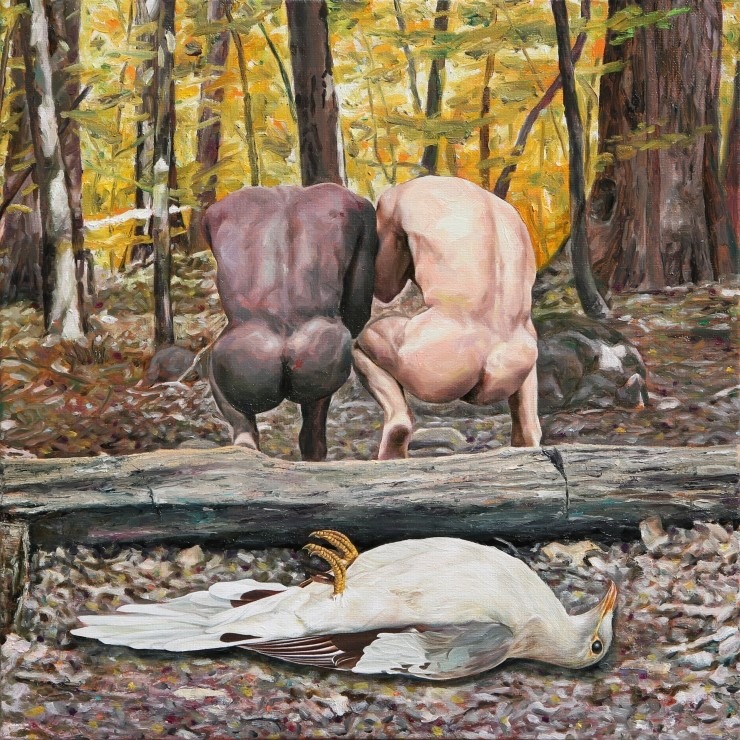 Two men and one kid tore out of the burning house · Oil on Linen · 40.0x40.0cm · 2018