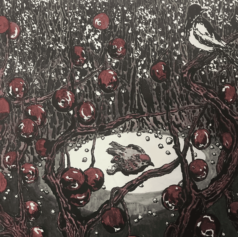 참새와 홍옥 · 캔버스에 아크릴채색_ · 126×165cm · 2017