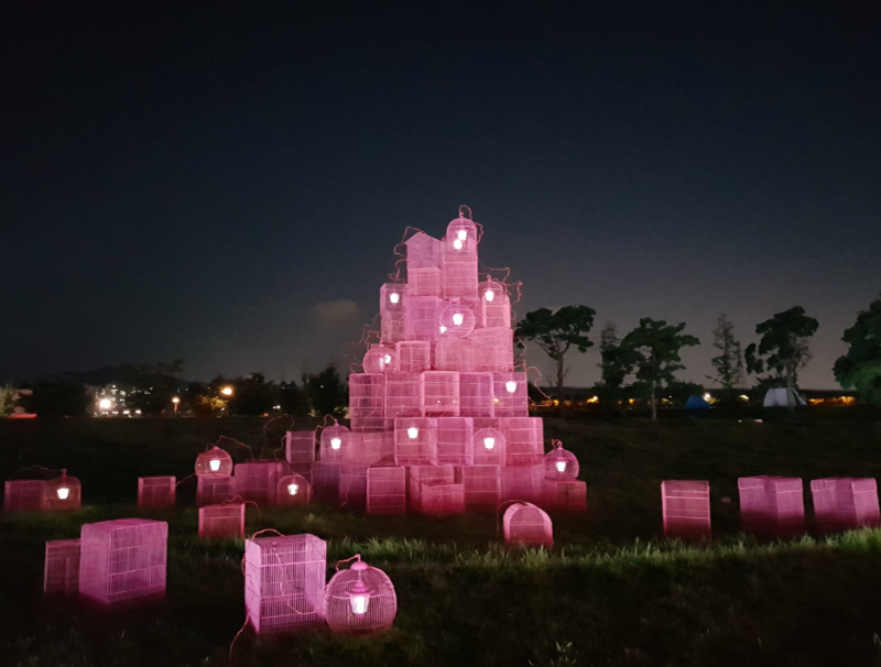 강효명 행복의 성 in Daegu-Pink House Project · 철재새장. 칼라피복 와이어. 쏠라라이트 · 260x360x650cm · 2018