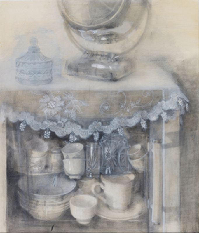 Cups in a Dish drier · Pencil and gouache on paper · 71 x 61 cm · 2018