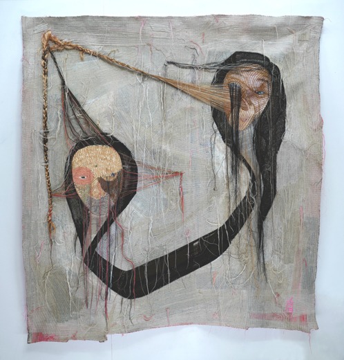 rag-face-#18010-1 · Sewing-on-Fabric-and-Photograph · w143xh154cm-LR · 2018 · rag-face-#18010-1 · Sewing-on-Fabric-and-Photograph