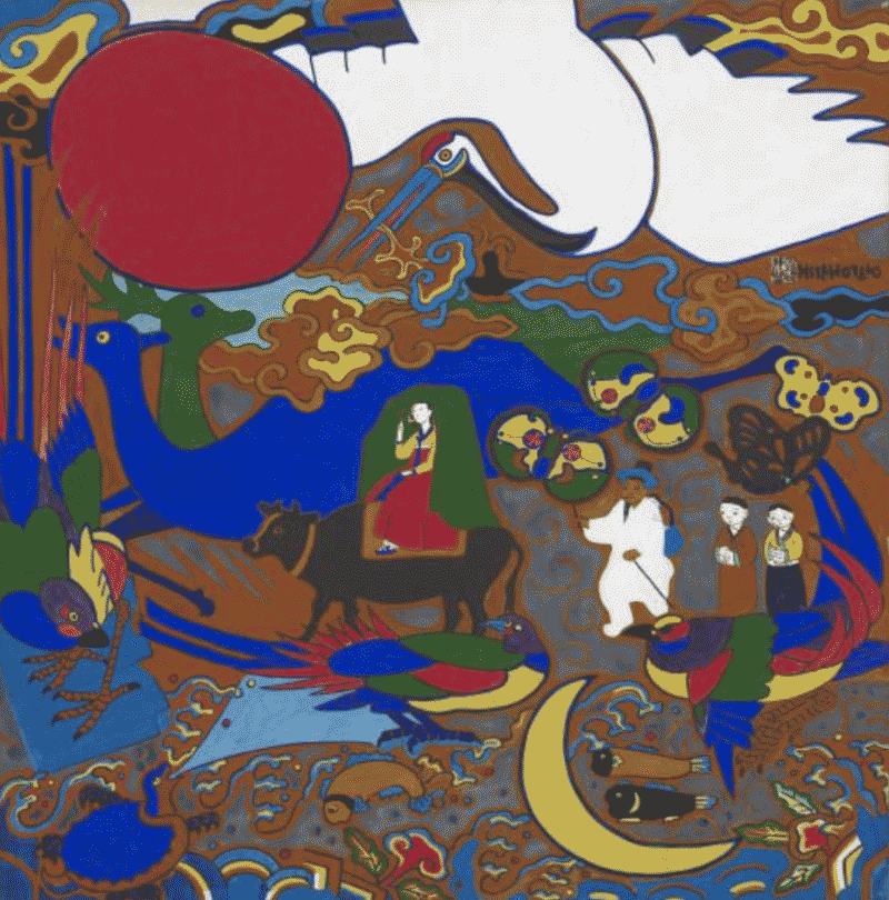 시집가는 날 · ink.  color on paper · 92 x 91cm · 1979
