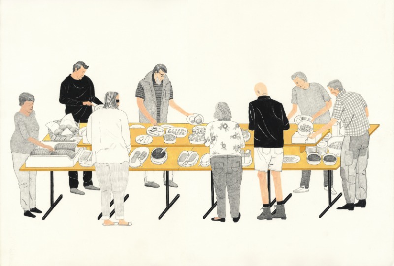 Breakfast Time · 종이 위에 연필_펜과 과슈 · 285x565 mm · 2014