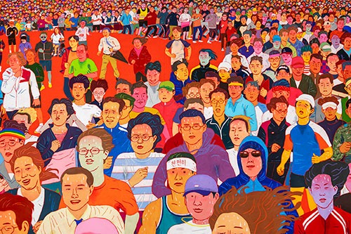 이우성_땀 흘리며 달려간다 · 천에 수성페인트_아크릴릭 과슈 · 165 x 300cm · 2019 · People Running in Sweat · water based paint_acrylic gouache