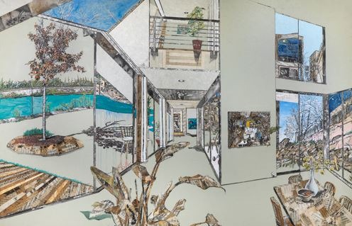 마침내 드러난 기억 2 · 한지에 고서콜라주, 수묵, 아크릴채색 · 130.3×194cm · 2018