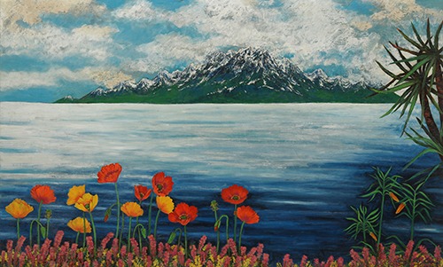 내 마음의 정원-레만호수에서 Ⅱ · 나무에 옻칠재료기법 · 70x116cm · 2019
