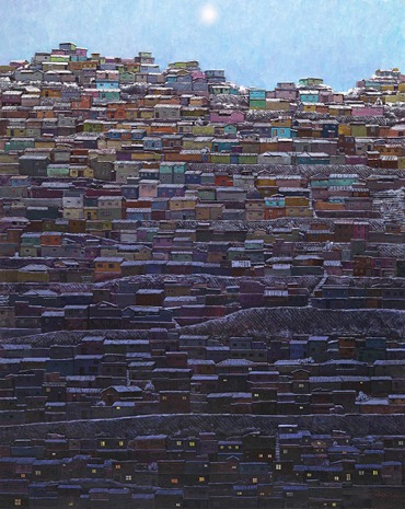 해동네 · 골판지 부조 위에 유채 · 162.2x130.3cm · 2018 · Sun village