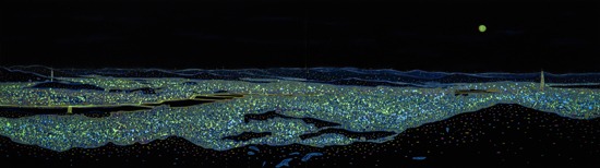 서울야경 · 한지위에 혼합채색 · 112x391cm · 2019(야광 후) · Night view of Seoul