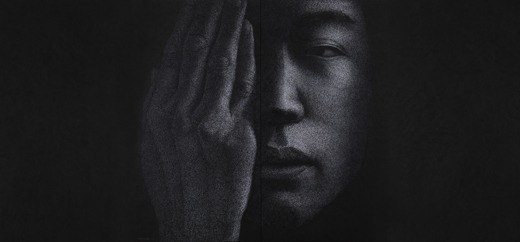 가려진 이면 · 장지, 먹, 수정테이프, 콘테, · 380x177.5cm · 2019 · Behind the scenes