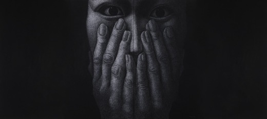 불안한 갈등 · 장지, 먹, 수정테이프, 콘테, 아크릴 · 380x162.3cm · 2019 · Uneasy conflict