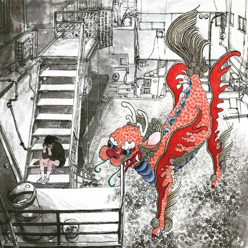 무엇인가 지켜본다 · 한지에 수묵담채 · 28㎝ X 28㎝ · 2018 · Something is watching