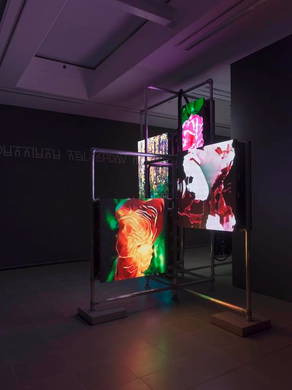 Power Plants · LED panels (3,9 mm pitch), multichannel video loop (color, silent), moving text lines Dimensions variable. · 2019 · Power Plants · LED panels (3,9 mm pitch), multichannel video loop (color, silent), moving text lines Dimensions variable.