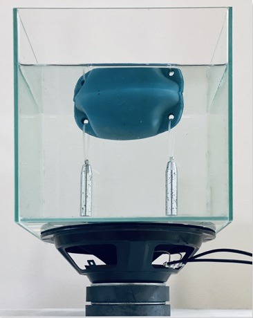서혜민_float or sink · 수집한 부표, 사운드, 추, 물, 유리 수조, 스피커유닛 · 가변크기 · 2019 · float or sink · 수집한 부표, 사운드, 추, 물, 유리 수조, 스피커유닛