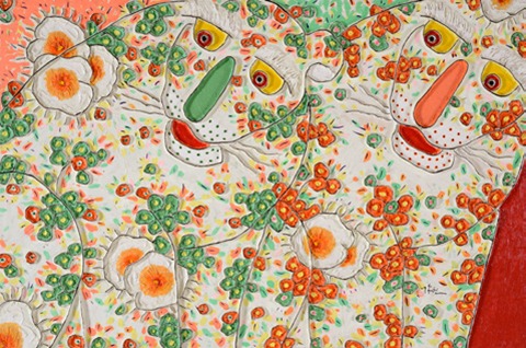 꽃을 사랑한 호랭이 · 한지-혼합재료 · 120x80cm · 2009 · Tiger in love with flowers · Korean paper-mixed material