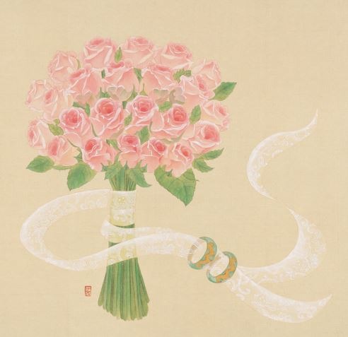 장미 부케 · 비단에 진채 · 50×50cm · 2019 · A bouquet of roses · deep-color pigment on silk