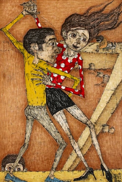 가족이야기 08-11 · 한지에 목탄채색 · 180×120cm · 2008 · A family story 08-11