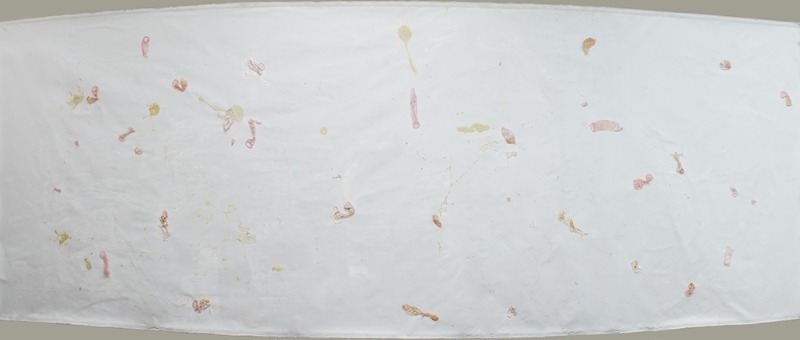 캔버스와 물감의 관계 · 면천에 아크릴, 피임용 콘돔 오브제 · 164x464cm · Intercourse of surface and medium · Acrylic color on linen, contraceptive Objet