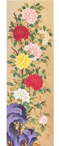 윤숙정_궁모란도 · 한지에 동양화 채색 · 137x45cm · Yoon Sook-Jung_GungMoRanDo · Oriental painting on Korean paper