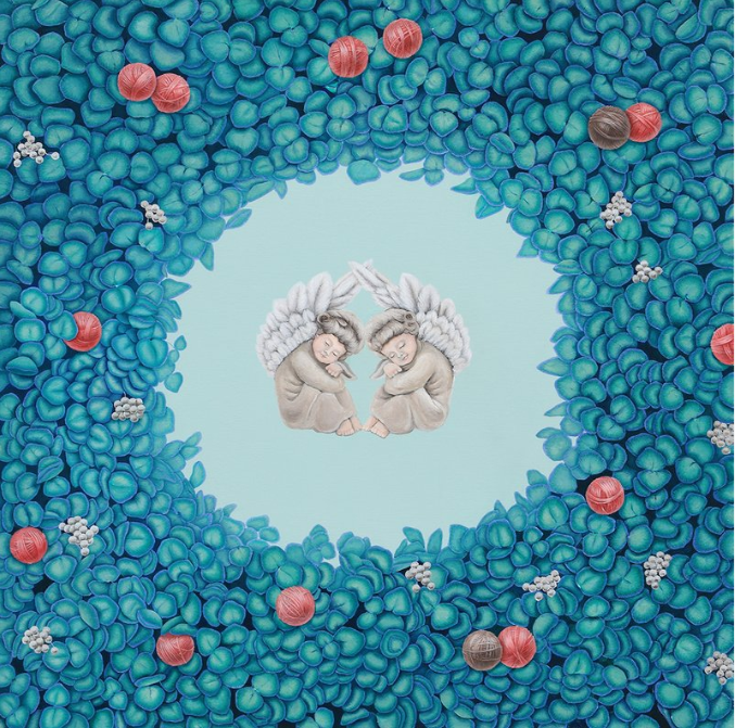Two Angels for Hotel TOSCANA · 캔버스에 아크릴, 혼합 재료 · 91x91cm · 2019 · Two Angels for Hotel TOSCANA · Acrylic and mixed materials on canvas