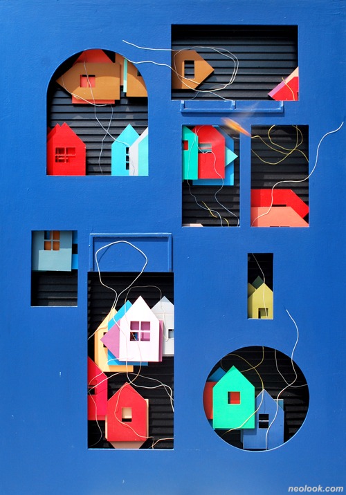 Collage city, Cutting · 실에 왁스, 종이에 아크릴채색 · 1100×70cm · 2019 · Collage city, Cutting · Wax in thread, acrylic in paper