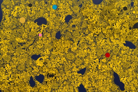 김민수_영웅부적-엘로&불루 · 캔버스에 아크릴 · 193.9x130.3cm · 2019 · Kim Min-Soo_Hero Busuck-Yellow&Blue · Acrylic on Canvas