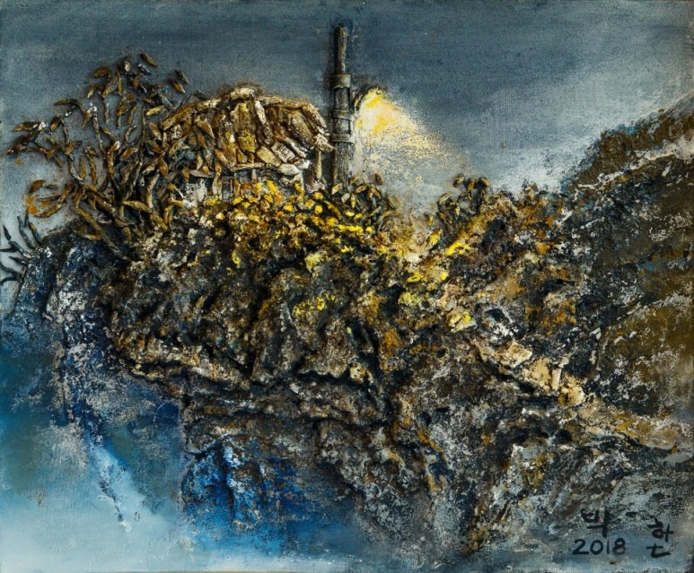 가로등 · 캔버스 위에 흙, 실, 청바지 · 72x61cm · 2018 · Street Lamp · Soil, Thread and Jeans on Canvas