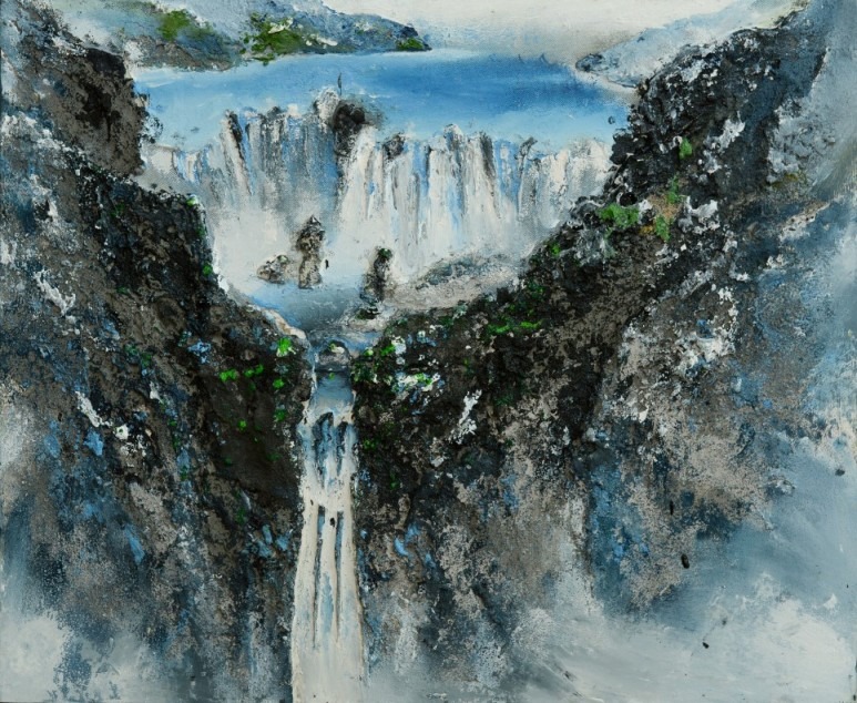 마음의 폭포 · 캔버스 위에 흙, 실, 청바지, 나무 · 65x53cm · 2019 · Waterfall of Mind · Soil, Thread, Jeans, and Wood on Canvas