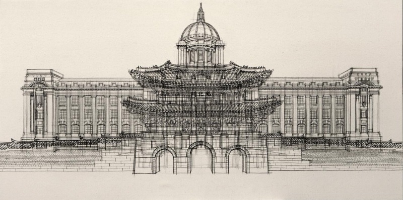 이여운 <기념비_광화문> · 캔버스천에 수묵 · 81×162cm · 2017
