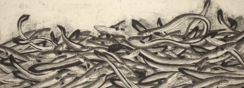 물, 비늘, 껍질 · 장지위에 먹 · 68x187cm · 2020