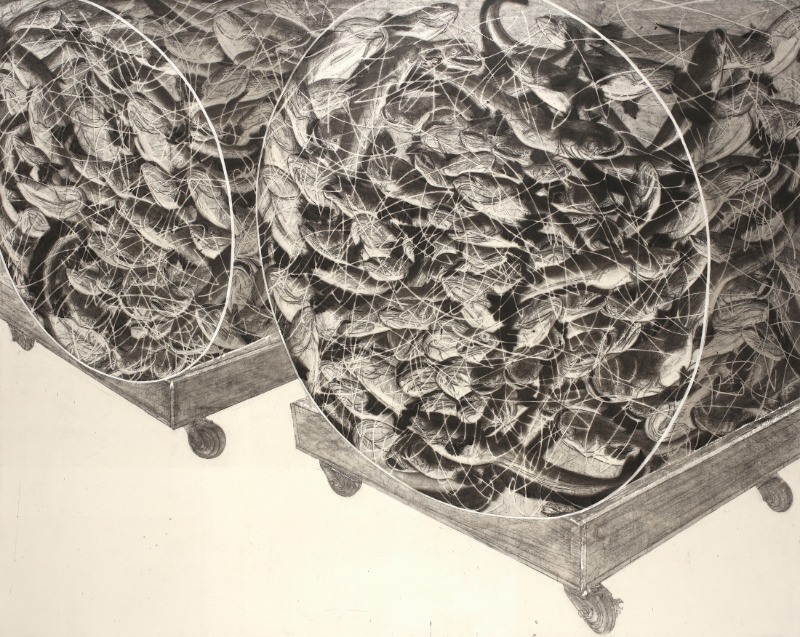 물, 비늘, 껍질 · 장지위에 먹 · 213x174cm · 2020