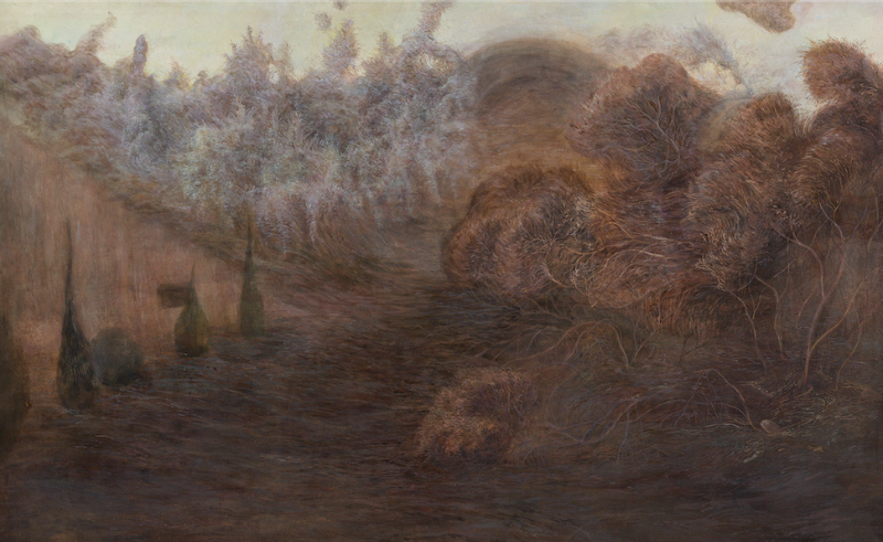 the foggy scenery · 장지에 분채, 아크릴 · 130x89cm · 2019 · the foggy scenery