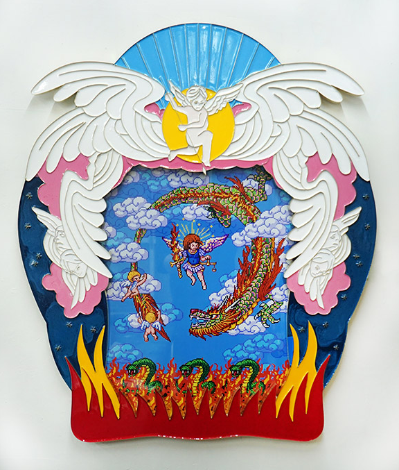 <퇴마도> · 혼합재료 · 95x82x2cm · 2020  [출처]한국문화예술위원회 홈페이지 · 〈A Painting for Exorcizing〉 · mixed media