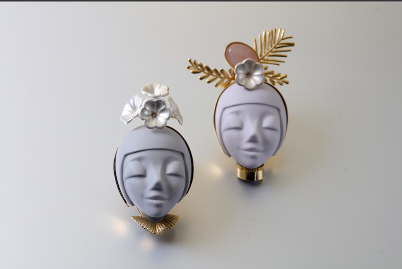 Narcissus · Silver, resin, rose quartz · 5.5x3.2cm, 6.2x3.2cm, Brooch · 2020 · Narcissus · Silver, resin, rose quartz